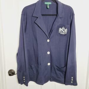 Lauren Ralph Lauren Sweater Blazer 2X Navy Cardigan Crest Patch Knit Stretch